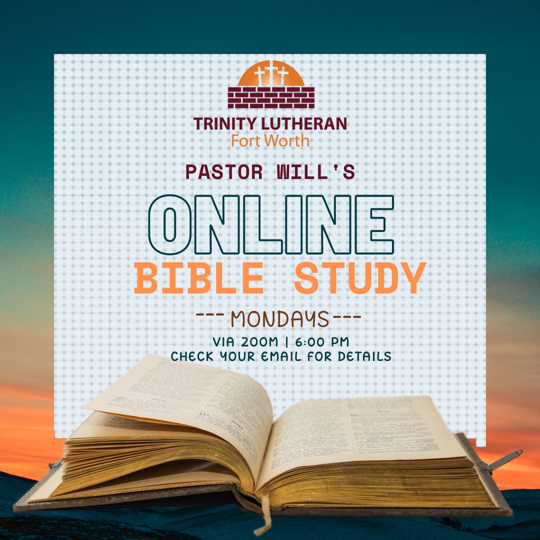 TLCFortWorth's tweet photo. Join Pastor Will ONLINE for his BIBLE STUDY via Zoom every Monday at 6:00 pm!

Check your email for Zoom Link and Details
If you'd like to be added to our email list, please email communications@TLCFW.org  

#TLCFW https://t.co/7VnAs5aC5a
