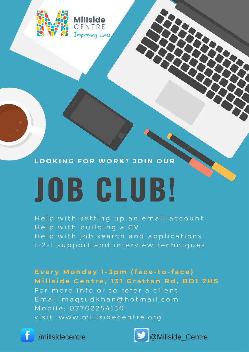 Millside_Centre's tweet photo. Our Monthly Volunteer Drop -in  is on tomorrow at 1pm, and also our job club will be running alongside from 1pm - 3pm. So if you or someone you know is actively looking for these opportunities then come to the Centre and get all the support and the information that you need! https://t.co/Zb3j00avDf