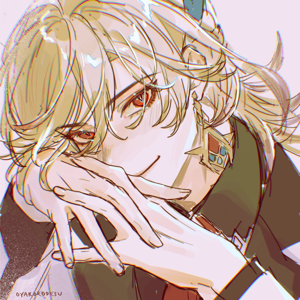 blonde hair 1boy male focus jewelry solo looking at viewer red eyes  illustration images