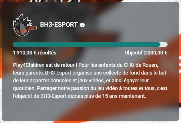 🎉1910 €🎉 ! C'est le montant actuel récolté pour l'évent #Play4Children de @BH3_Esport ! Bientôt les 2000€ on compte sur vous, pour les enfants 💙

Bourrez les dons chez les loulous🥰: 
▶ twitch.tv/ducdonclode
▶ twitch.tv/RoiOurs
▶ twitch.tv/mister_bowtie