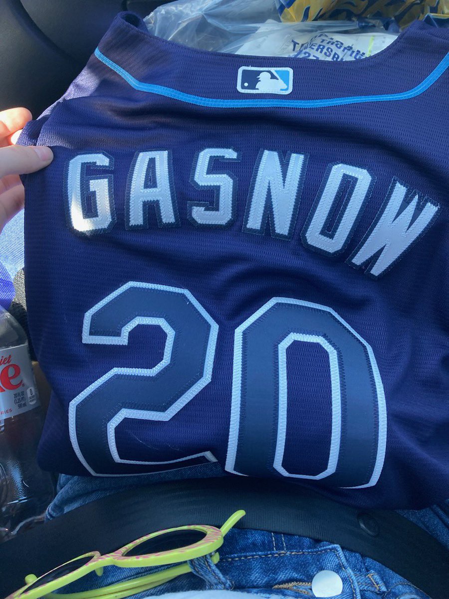 PrTwain's tweet photo. @RaysRadio A jersey mistakenly sold to us at The Trop. They made us a replacement Glasnow jersey but we kept this. He deserves the nickname #GasNow @RaysBaseball https://t.co/C3KZboj9EK
