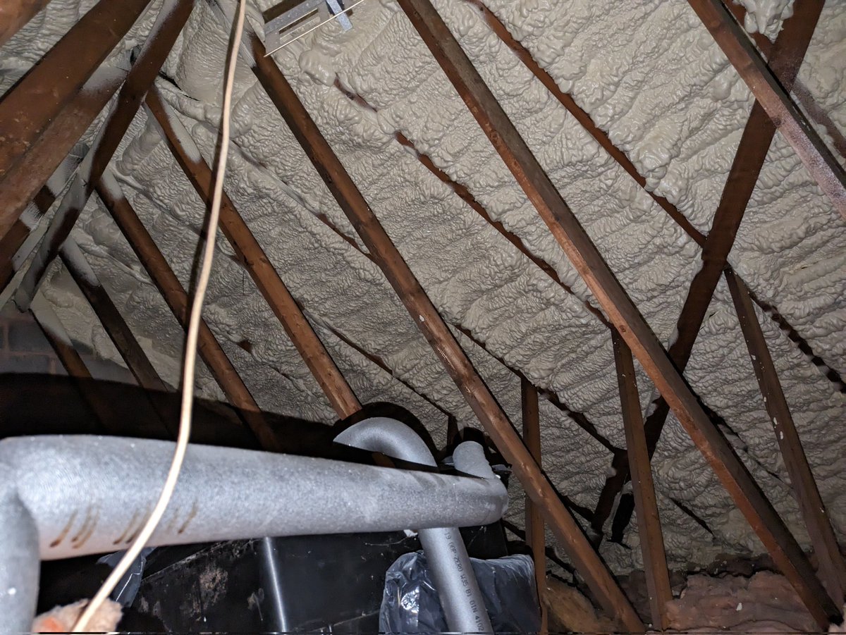RajSurveyor's tweet photo. When will the negatives of poorly installed Spray Foam Insulation be regulated. Sadly seeing this everywhere now #Mortgagelender DO NOT like this! Not to mention the countless building defect caused here #lackventilation #roofdamage #mould #heatcompression list goes on! https://t.co/l0QyOEKLKu
