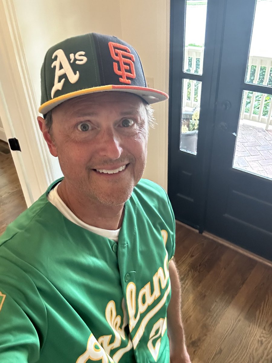 KozNBCS's tweet photo. That’s right. This is what I wore for my #WiffleBall game today! Lots of compliments on the #SplitHat I went 2-5 with a double, 2 RBI, scored The Game winning run. A 4-run 9th for the walk off win #Athletics #SFGiants #MLB ⚾️ Do my eyes make me look like Peter Faulk in Columbo? https://t.co/tPVJ1cLmaV