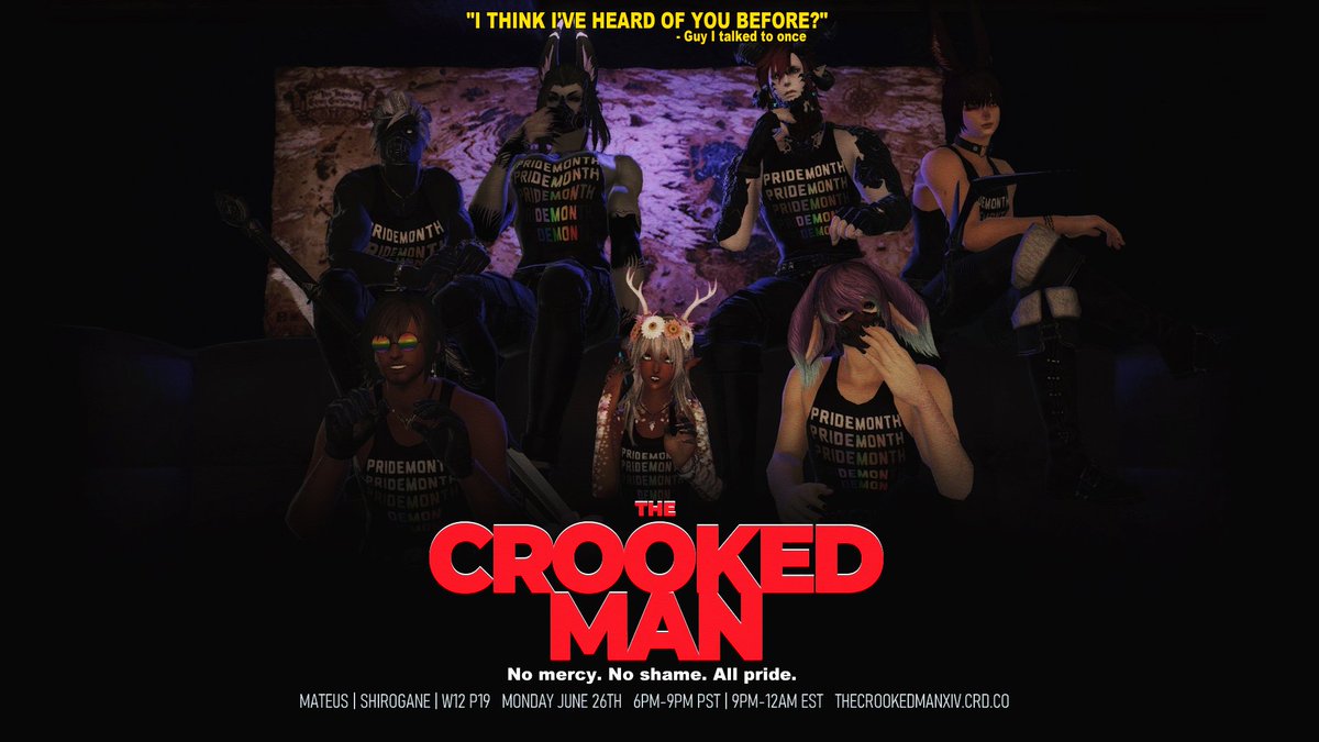 Show your true colours Monday night as we leave the shadows and return to the beach for an all-out Pride Brawl! Whether challenging friend and foe alike or taking in our pride menu, all are welcome here. 

🏳️‍🌈 Fight prereg, rules, &amp; our discord: thecrookedmanxiv.crd.co