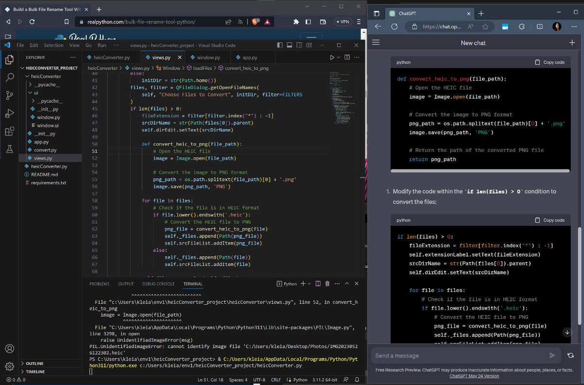 KleiaCodes's tweet photo. Day 21 of #100DaysofCode with #Python 

The HEIC Converter...

There's a lot wrong in this code, as experienced eyes will tell me

And my compiler is telling me that too

And ChatGPT is telling me the same

But you know... what doesn't kill you, makes you go crazy 😂 https://t.co/6laI2nXegm