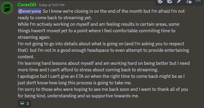 Update on my current break from streaming: