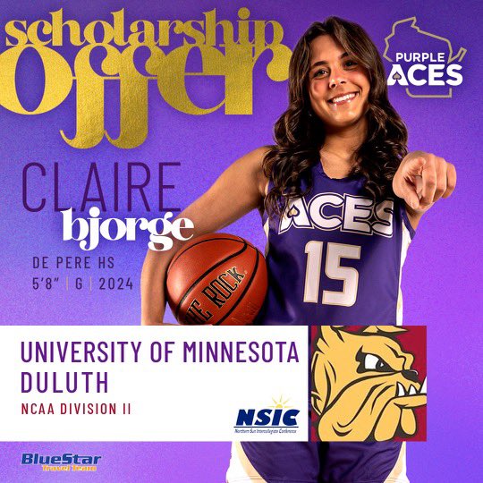 ⭐️2024 @clairebjorge 
⛹🏽‍♀️5’8 | SG
🏫De Pere HS @DPGirlsBB 

Earned a NCAA Division II scholarship from Head Coach Mandy Pearson and the 2023 National Championship Runner-up University of Minnesota-Duluth Bulldogs‼️ 

💜♠️#AcesEarnIt #MoreAces