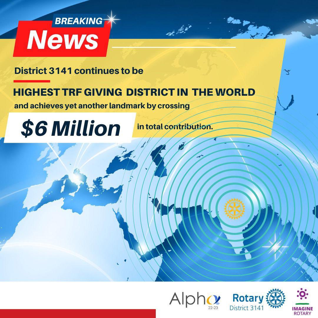 DG Sandip Agarwalla had made the impossible, possible

Rotary 3141 touches the all time high of foundation giving in excess of 6 million USD with 5 days still to go

<a href="/JohnHewko/">John Hewko</a> <a href="/gordonmcinally/">Gordon McInally</a> <a href="/JenJonesRotary/">Jennifer Jones</a> <a href="/Rotary/">Rotary International</a> <a href="/Shekhar_Rotary/">Shekhar Mehta</a> @rotary_india <a href="/RCB1929/">Rotary Club of Bombay</a> <a href="/RCMWE/">Rotary Club of Mumbai Western Elite</a> <a href="/OneRotaryLincs/">One Rotary Lincoln</a>