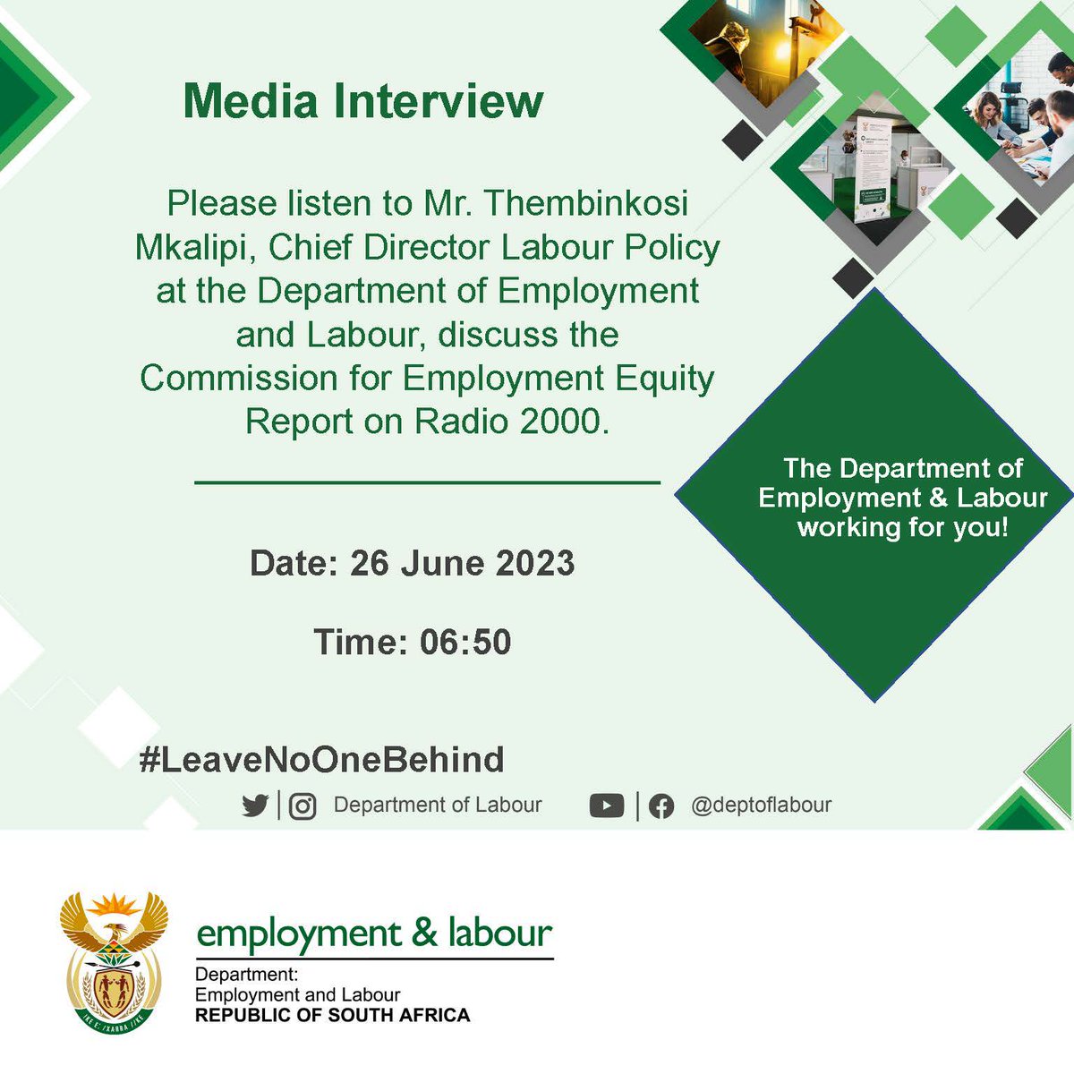 deptoflabour's tweet photo. 📻Please listen to Mr. Thembinkosi Mkalipi, Chief Director Labour Policy at the Department of Employment and Labour, discuss the
Commission for #EmploymentEquity Report on @Radio2000_ZA . #23CEEReport https://t.co/qgfmSk3XUy