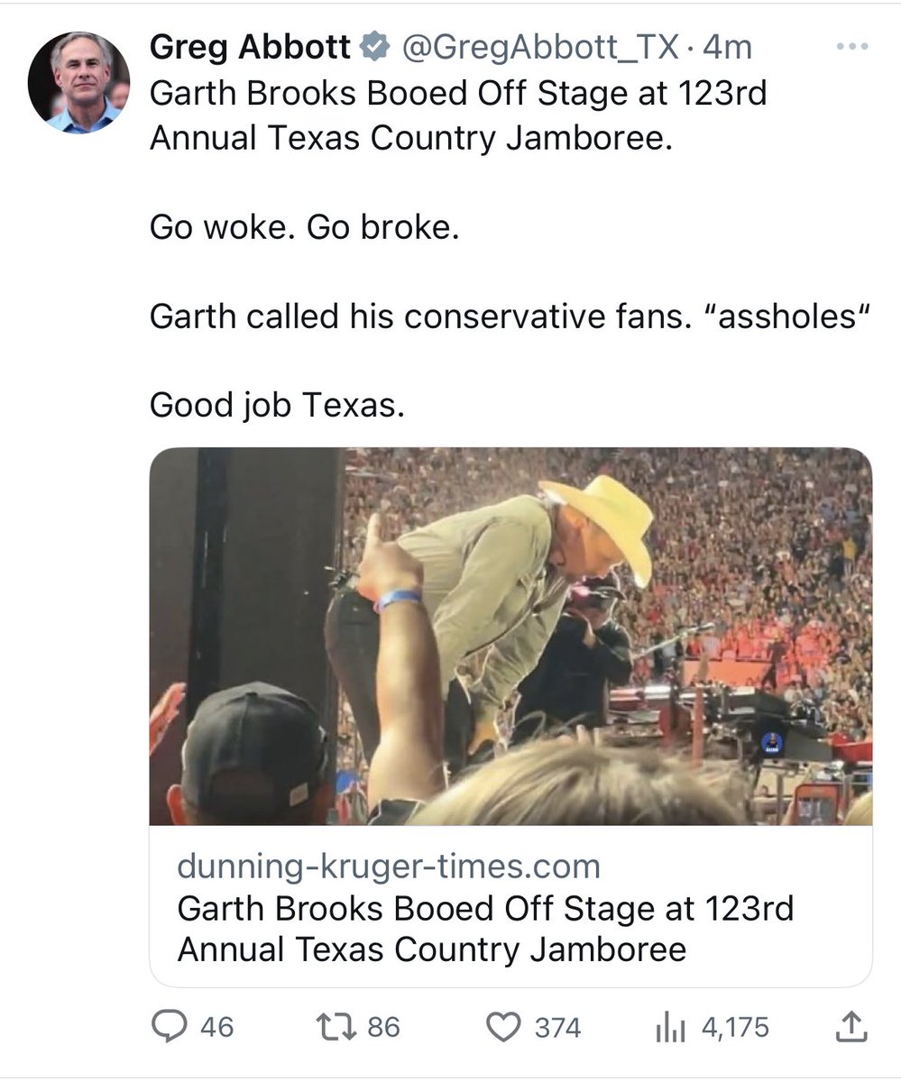 Greg Abbott posts a fake item from the “Dunning Kruger Times” written by “Flagg Eagleton - Patriot”