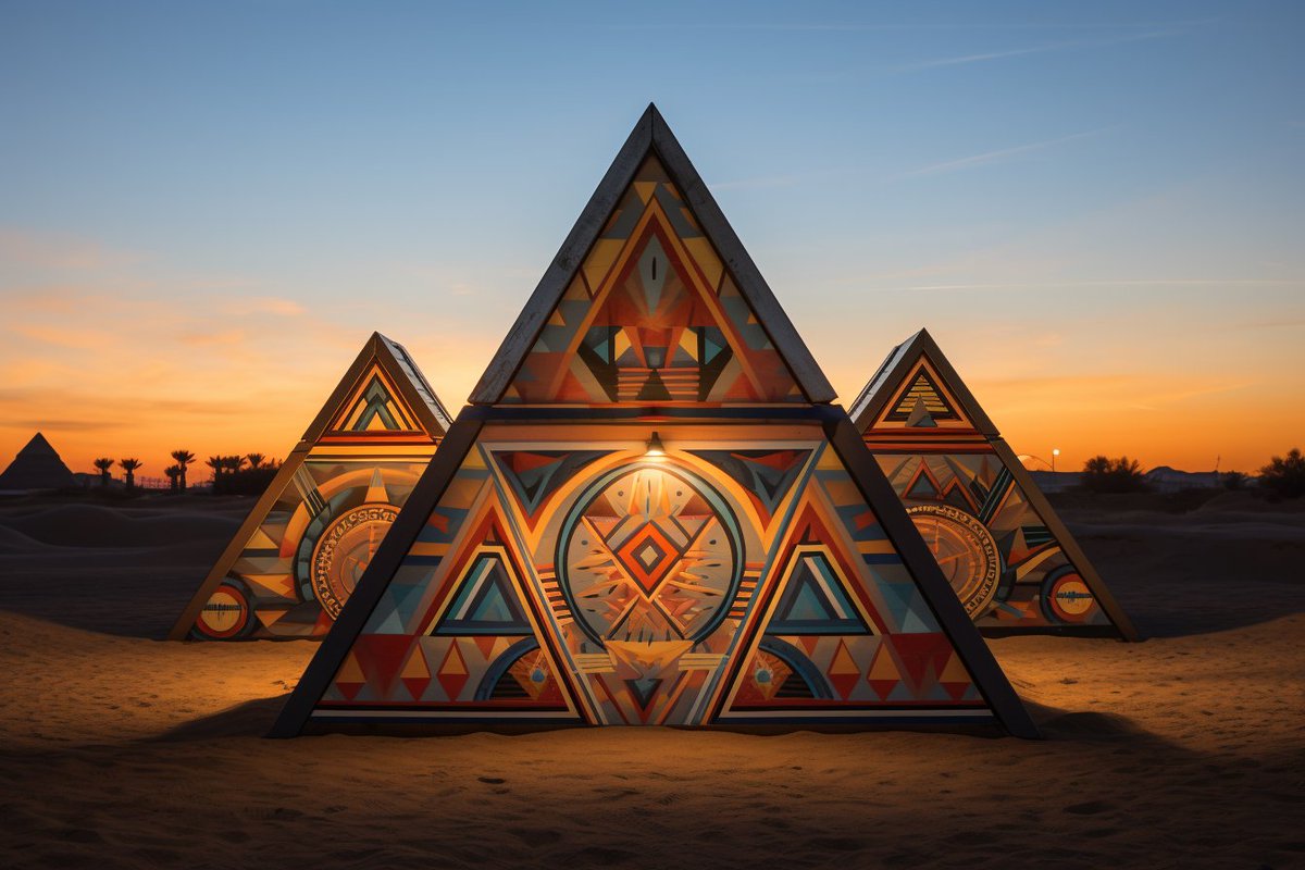 rob_byte's tweet photo. Egyptian pyramids reimagined through the lens of North American native artistry, presented as intricately carved totems, adorned with vibrant tribal patterns and symbols. 

#ChatGPT #midjourney https://t.co/AoPOjmc5Jd