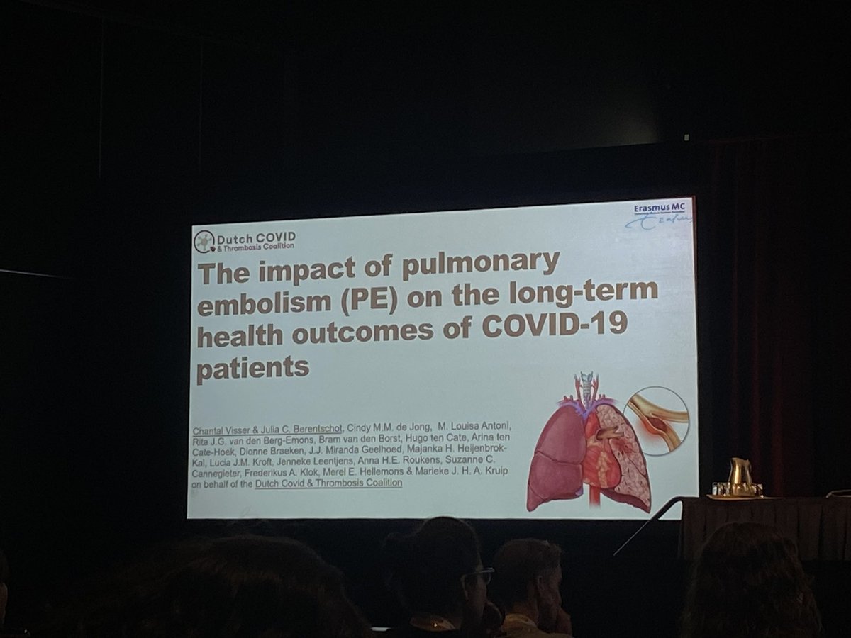 Dr. Chantal Visser discussing long term health outcomes of PE in #COVID19 at #ISTH2023. We know HRQOL is reduced after PE. Similarly, chronic symptoms are not uncommon 3, 6, 12 months (and longer) after #COVID19, esp exertional dyspnea and fatigue. 1/3