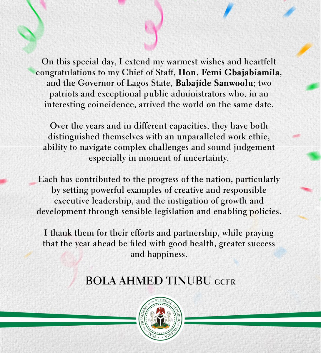 officialABAT's tweet image. On this special day, I extend my warmest wishes and heartfelt congratulations to my Chief of Staff, Hon. Femi Gbajabiamila ( @femigbaja ) , and the Governor of Lagos State, Babajide Sanwoolu (@jidesanwoolu ) ; two patriots and exceptional public administrators who, in an…