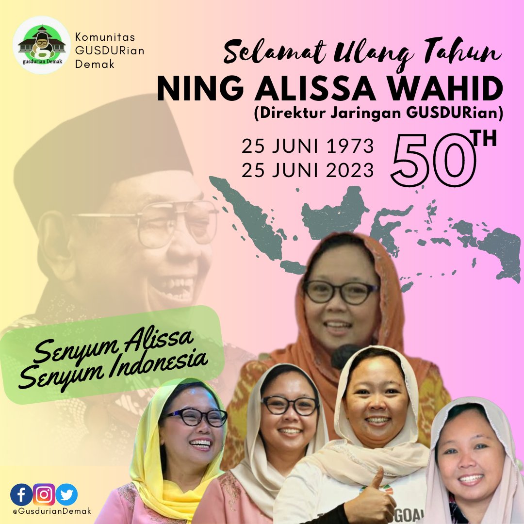 Selamat Ulang Tahun
Ning Alissa Wahid ke50th.
Panjang umur, sehat selalu dan penuh berkah.
Terus beri senyuman untuk Indonesia.

<a href="/AlissaWahid/">Alissa Wahid</a>
#SalamGusdurianDemak 
#SenyumAlissaSenyumIndonesia