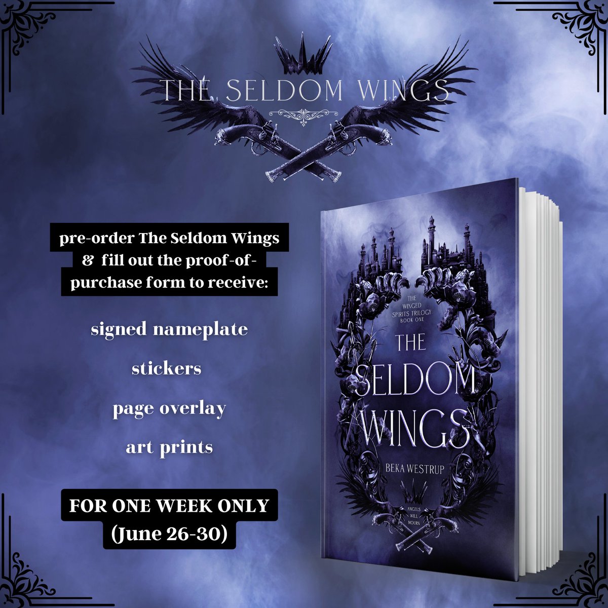 Beka Boo Westrup ✍🏻🤍 (@bekawestrup) on Twitter photo ✨ Cover Reveal✨
She has wings she must hide and magic she mustn’t use, but an angel can only stay grounded for so long.
Preorder this queer dark fantasy from B&N and receive gifts post-release!
Cover by <a href="/faera_lane/">Fay Lane 🎃</a>
B&N: tinyurl.com/ty7j3wr6
Form: tinyurl.com/58xd3d2s ✨ Cover Reveal✨
She has wings she must hide and magic she mustn’t use, but an angel can only stay grounded for so long.
Preorder this queer dark fantasy from B&N and receive gifts post-release!
Cover by <a href="/faera_lane/">Fay Lane 🎃</a>
B&N: tinyurl.com/ty7j3wr6
Form: tinyurl.com/58xd3d2s