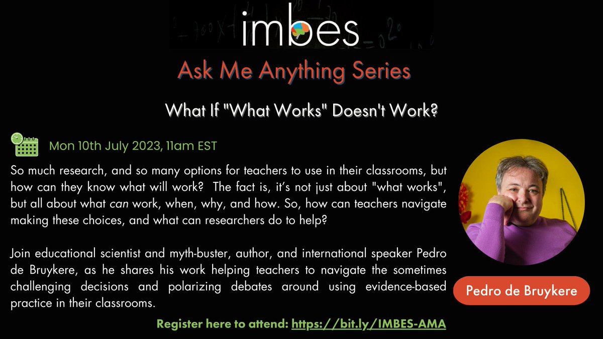I truly can't wait for our next <a href="/IMBESoc/">IMBES</a> AMA with <a href="/thebandb/">Pedro De Bruyckere</a> and hope you can join us!
Register here to attend or receive a recording &amp; share with your communities! <a href="/TheCTTL/">🧠The CTTL🎓</a> <a href="/MegVertebrae/">Meg Lee</a> 

bit.ly/IMBES-AMA