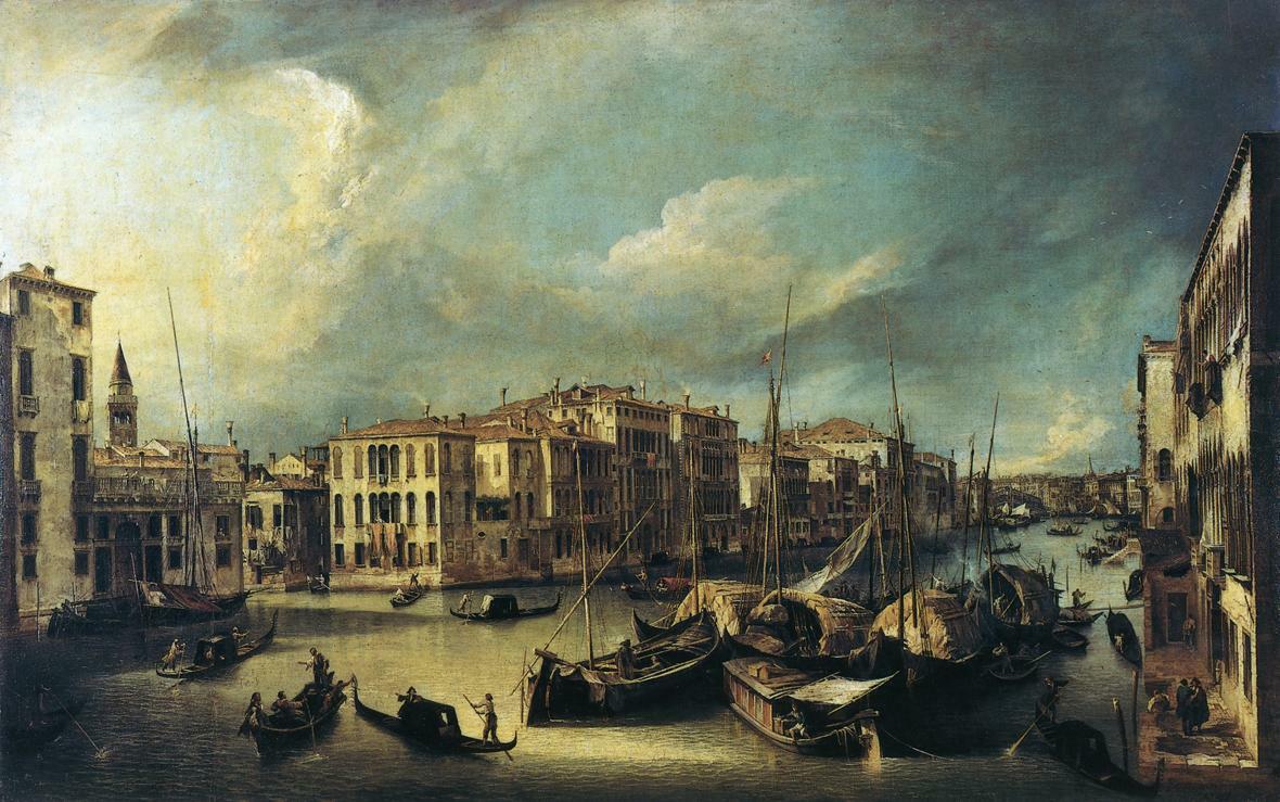 Grand Canal Looking Northeast from near the Palazzo Corner Spinelli to the Rialto Bridge, 1725 #canaletto #baroque wikiart.org/en/canaletto/g…