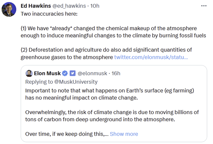 JKSteinberger's tweet image. And predictably a bunch of abusive climate deniers show up. Here's the thing though.  I am not the only IPCC author or climate scientist to accuse Musk of getting it wrong. By far. So ratio-ing IPCC authors and climate scientists is a @Tesla pastime now? Or just the women? 🤔