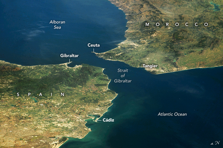 NASAEarth's tweet photo. A @Space_Station astronaut took this photo of the Strait of Gibraltar between Spain and Morocco in April 2023. https://t.co/oe2HGBGGoh 

The channel connects the Atlantic Ocean and Mediterranean Sea and spans only 13 kilometers (8 miles) at its narrowest point. https://t.co/DQpjYsa3HQ