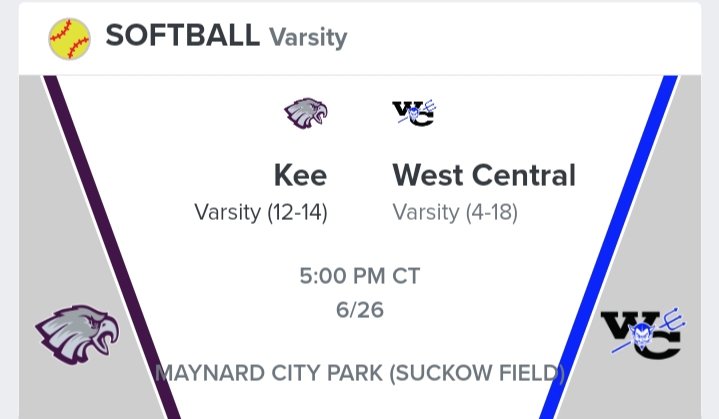 _IGHSAU_'s tweet photo. 🚨 Iowa HS Softball Regular Season Game
🥎 Kee 🆚 West Central
📅 Monday, June 26, 2023 - 5:00 PM CT / 7:00 PM CT
🏟️ Maynard City Park (Suckow Field)
📺 https://t.co/bHBLhgkz6u

@dlove015 @keesoftball @EACSD_Iowa https://t.co/nNRG2ty2b1