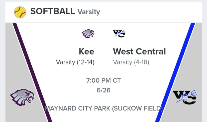 _IGHSAU_'s tweet photo. 🚨 Iowa HS Softball Regular Season Game
🥎 Kee 🆚 West Central
📅 Monday, June 26, 2023 - 5:00 PM CT / 7:00 PM CT
🏟️ Maynard City Park (Suckow Field)
📺 https://t.co/bHBLhgkz6u

@dlove015 @keesoftball @EACSD_Iowa https://t.co/nNRG2ty2b1