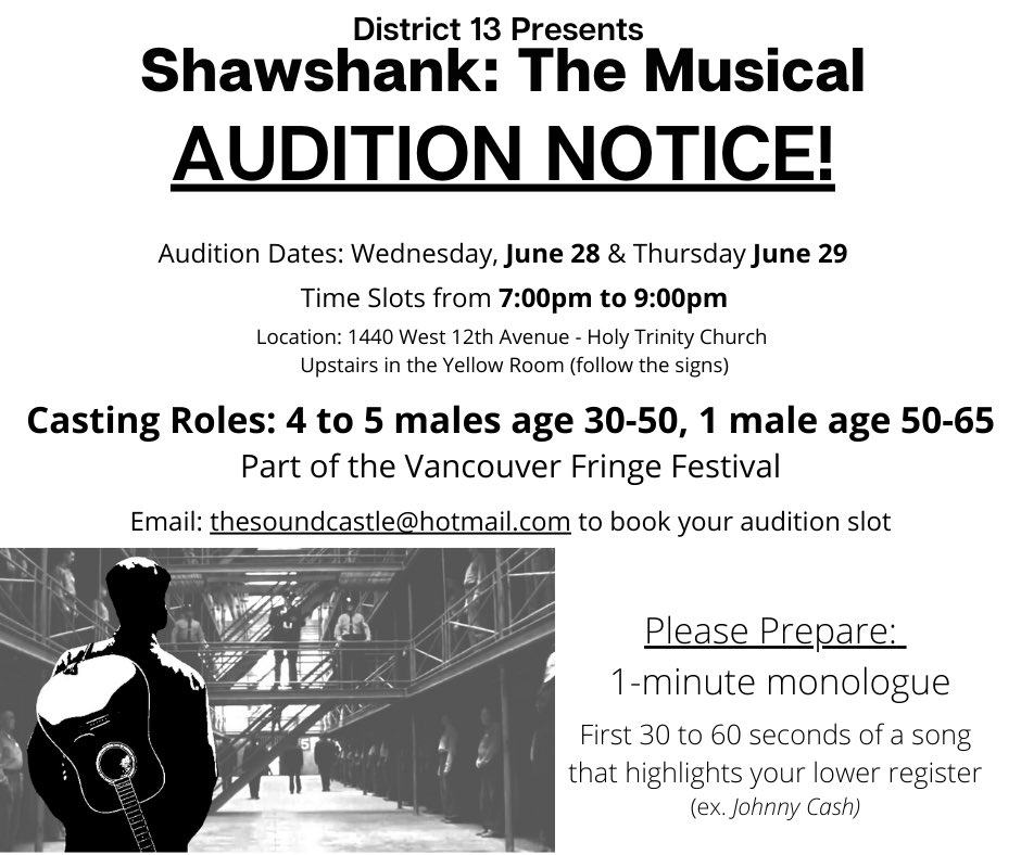 Shawshank: The Musical needs you, please share with your talented friends. 📲 #AndyandRed 🎶 We're casting this coming week and looking for guys who are interested in joining our “line up” for our upcoming @VancouverFringe show. #vancouveraudition #musicalparody