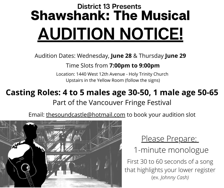 D13Presents's tweet photo. Shawshank: The Musical needs you, please share with your talented friends. 📲 #AndyandRed
🎶 We're casting this coming week and looking for guys who are interested in joining our “line up” for our upcoming @VancouverFringe show.
#vancouveraudition #musicalparody https://t.co/uzTLWPQrnw