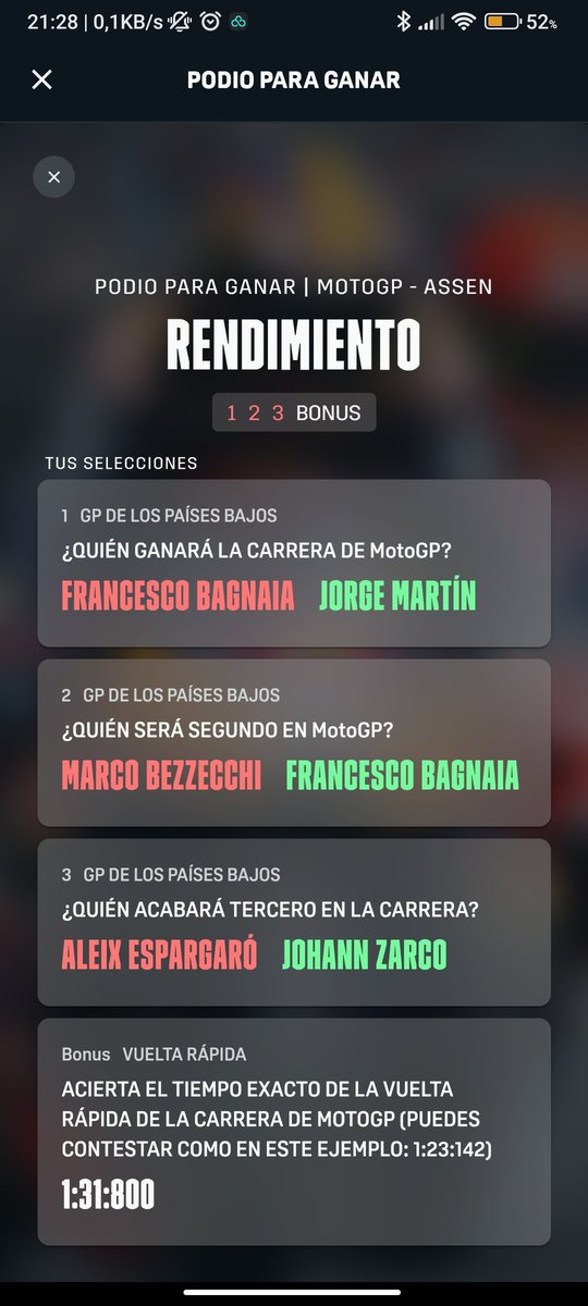 Jose_93_12's tweet photo. @DAZN_ES he acertado el podio para ganar y no se porque la app se inventa las posiciones. https://t.co/dtFn1MayvT