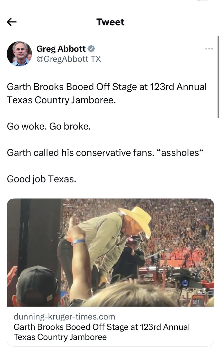 .@GregAbbott_TX just accidentally posted a satire article because he wants to hate on queer Texans and Garth Brooks so bad.

The Texas Country Jamboree doesn’t exist. Hambriston, Texas is not real. And the Governor is not fit to tweet, much less govern.

Happy pride! 🏳️‍🌈
