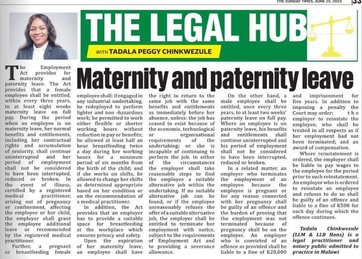 Maternity and paternity leave as provided for in the The Employment Act (Main Act and Amendment Act).....flexible working hours for breastfeeding female employees....and two weeks paternity leave for male employees..... Today's legal hub...⚖️