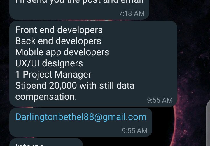 timokonkwo_'s tweet image. Remote Internship opportunity with Stipends (20k + Data allowances)
The following roles are needed in a startup:
2 Frontend developers (React)
2 Backend developers (Node)
2 UI/UX designers
2 Mobile Devs (Flutter)
1 Project Manager
Interested ones should 👇