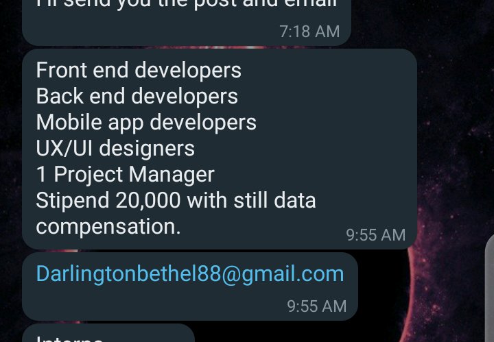 Remote Internship opportunity with Stipends (20k + Data allowances)

The following roles are needed in a startup:

2 Frontend developers (React)
2 Backend developers (Node)
2 UI/UX designers
2 Mobile Devs (Flutter)
1 Project Manager

Interested ones should 👇