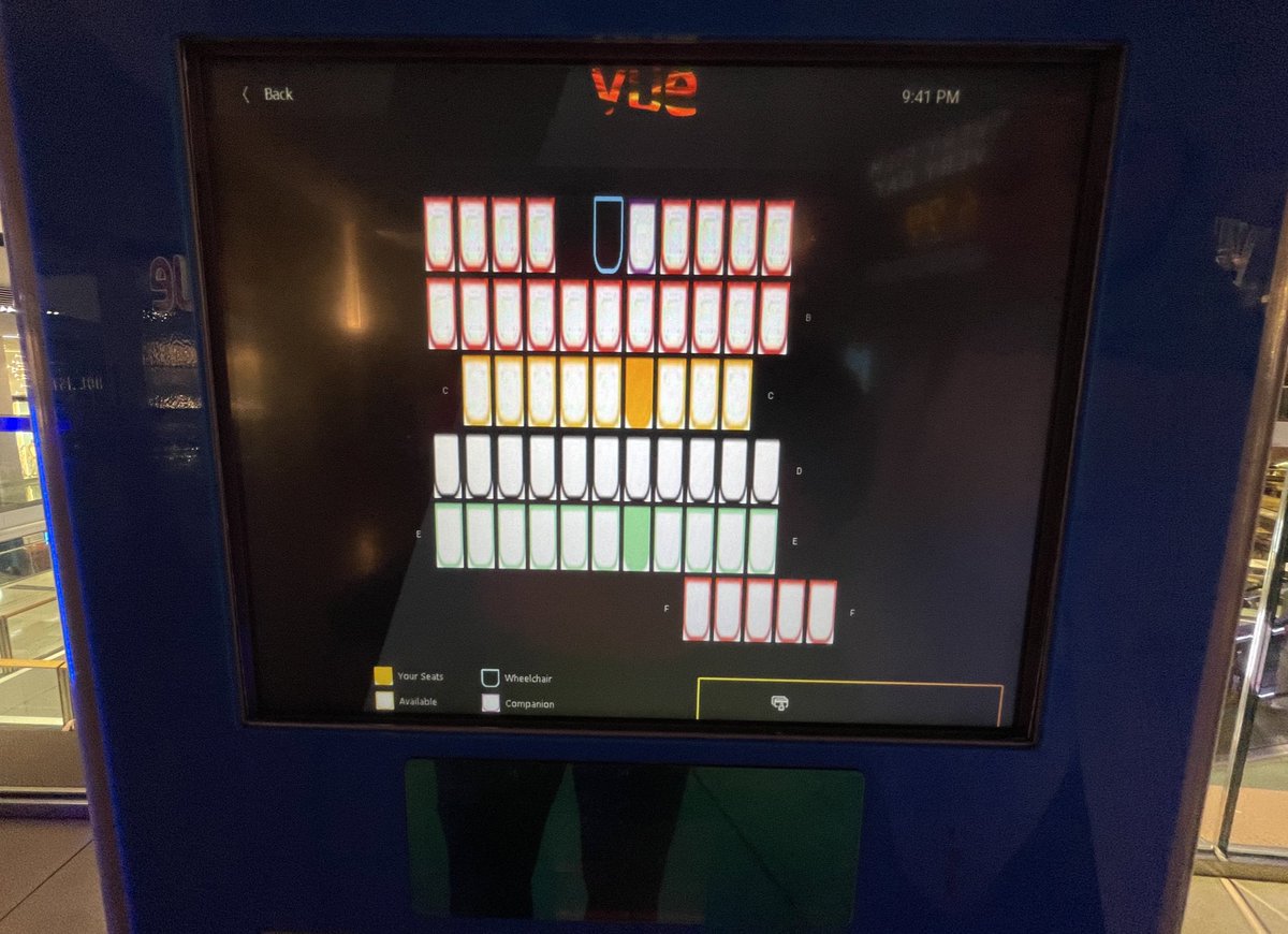 this is a self-service machine at @vuecinemas. Notice how there are colour coded seat options? Also notice that there are no labels. Labels are important. Interaction design is important. I accidentally bought VIP tickets without realising as i had no clue what the options were🤦🏿‍♀️