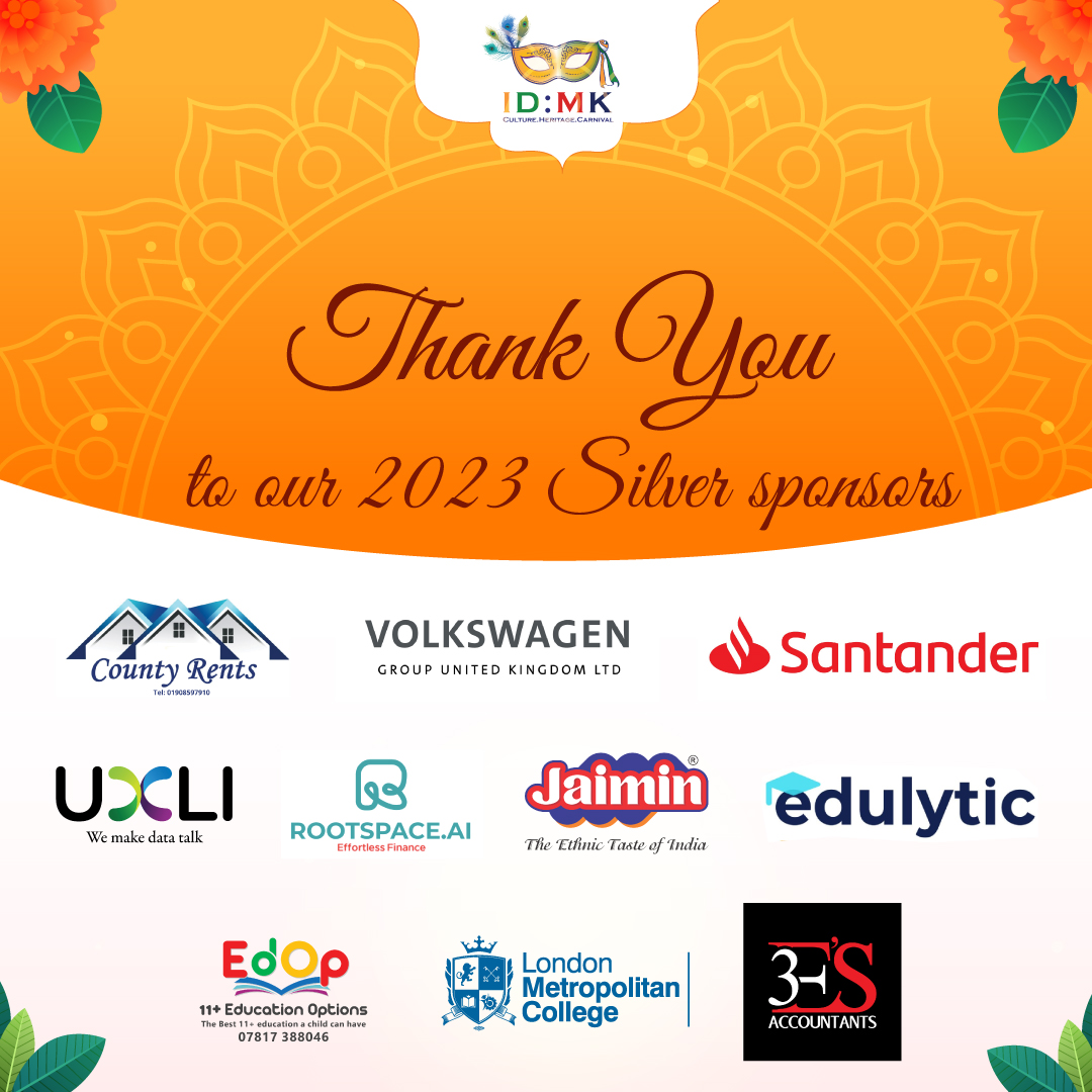 Thank you to our incredible Silver sponsors for your invaluable support! #santander #volkswagen #countyrents #3esaccountants #edulytic #londonmetropolitanuniversity #uxli #educationoptions#rootspaceai #jaiminsnacks #idmk2023 #CulturalCelebration #miltonkeynes #thankyou