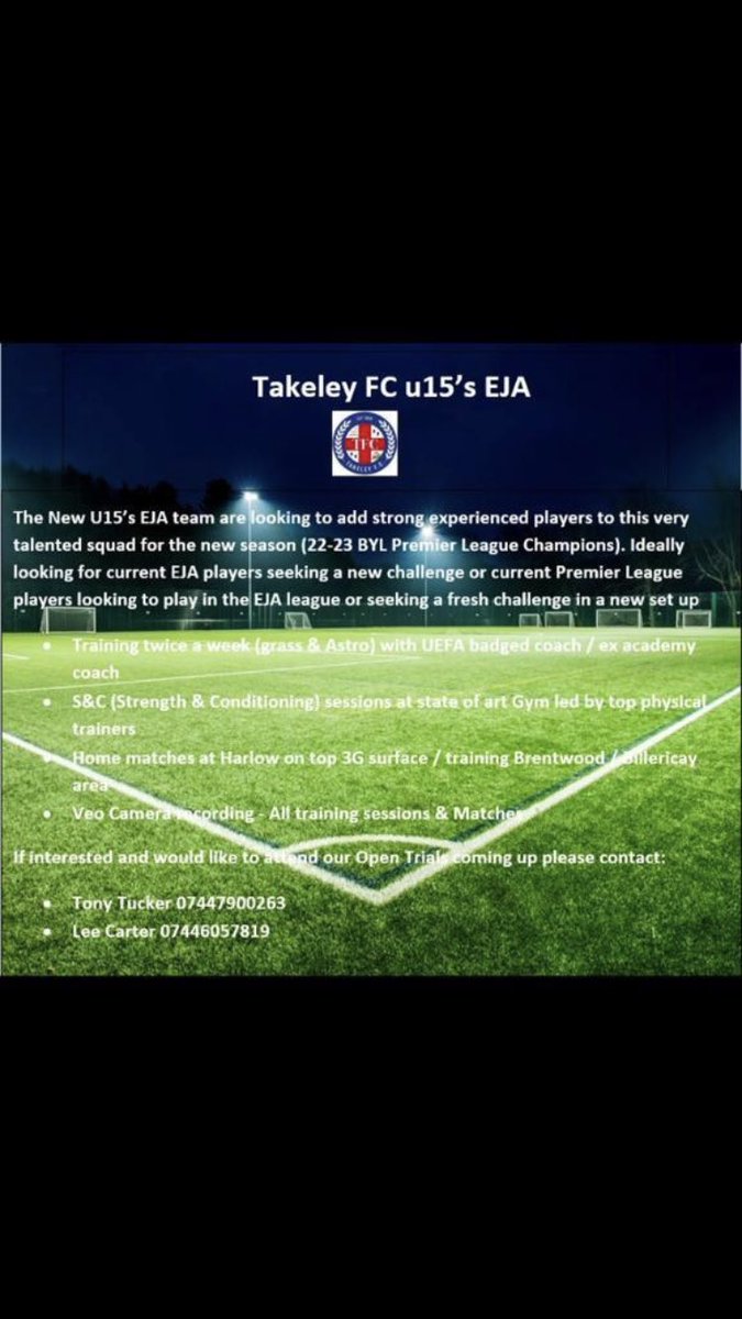 Any boys school year 9 at present fancy trailing for EJA Takeley F.C. u15s