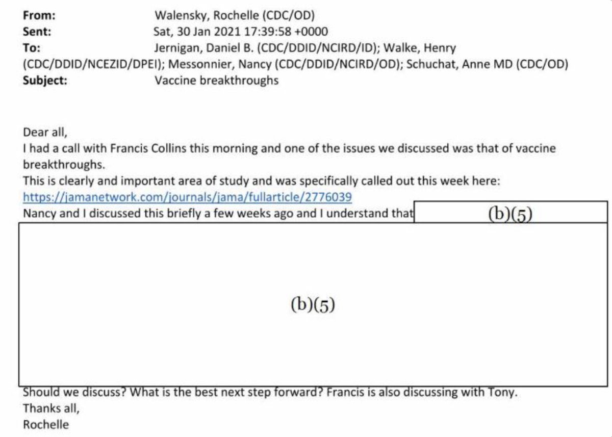 🚨 In March 2021 CDC director Rochelle Walensky said “vaccinated people don’t carry the virus and don’t get sick.”

But newly released emails under Freedom of Information Act show that as early as January 2021 she was aware of “breakthrough infections”
👇
