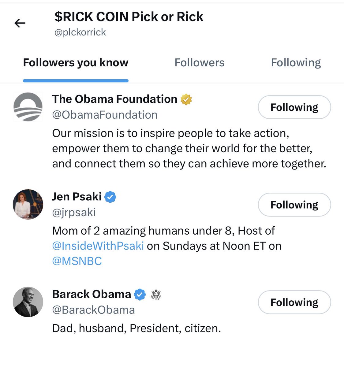 What an odd page to follow. 

Jen Psaki, Obama, and the Obama Foundation follow this crypto account.