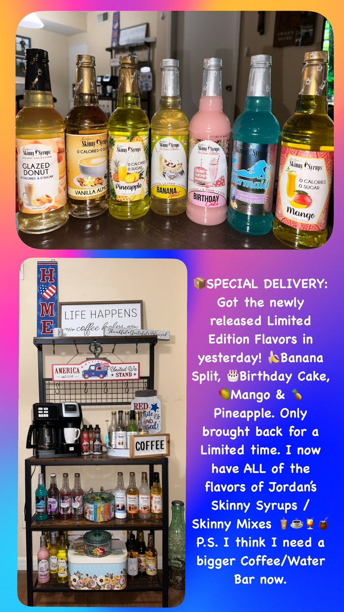 📦SPECIAL DELIVERY: Got the newly released Limited Edition Flavors in yesterday! 🍌Banana Split, 🎂Birthday Cake, 🥭Mango & 🍍Pineapple. Only brought back for a Limited time. I now have ALL of the flavors of Jordan’s Skinny Syrups / @SkinnyMixes @JordansSkinny        🧋☕️🍹🧉