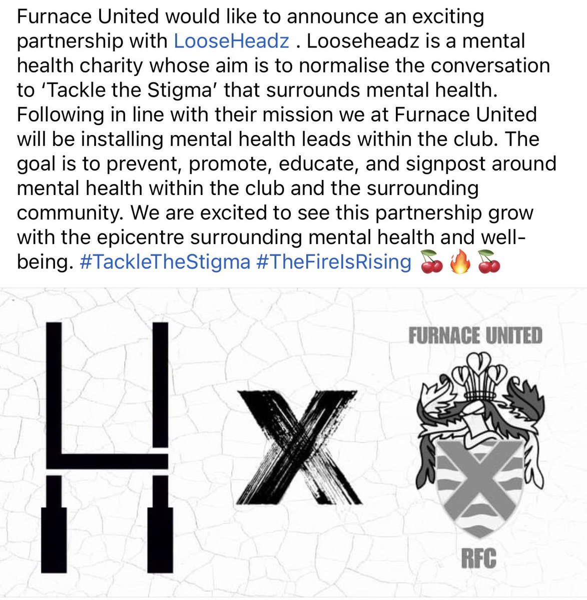 The club are honoured to announce their partnership with @LooseHeadz Mental Health charity. #TackleTheStigma #TheFireIsRising 🍒🔥🍒