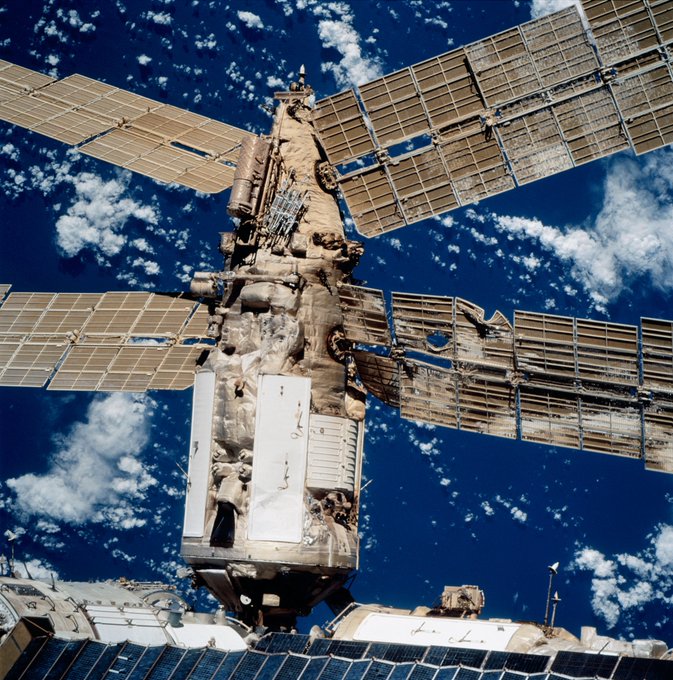 The Spektr module after the collision with its damaged solar array visible