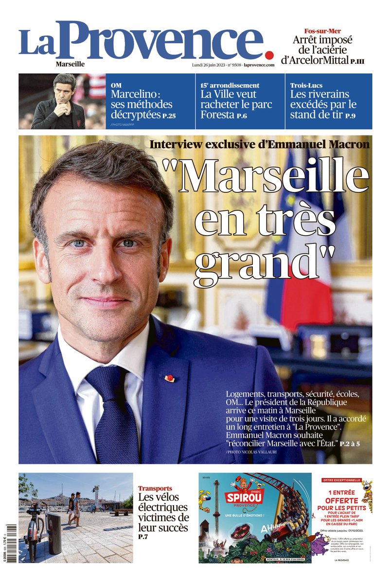 Logements, transports, sécurité, écoles, OM… Le président de la République ce lundi matin à Marseille
pour une visite de trois jours. Il a accordé un long entretien à "La Provence" à lire dans notre édition de ce lundi 26 juin.
