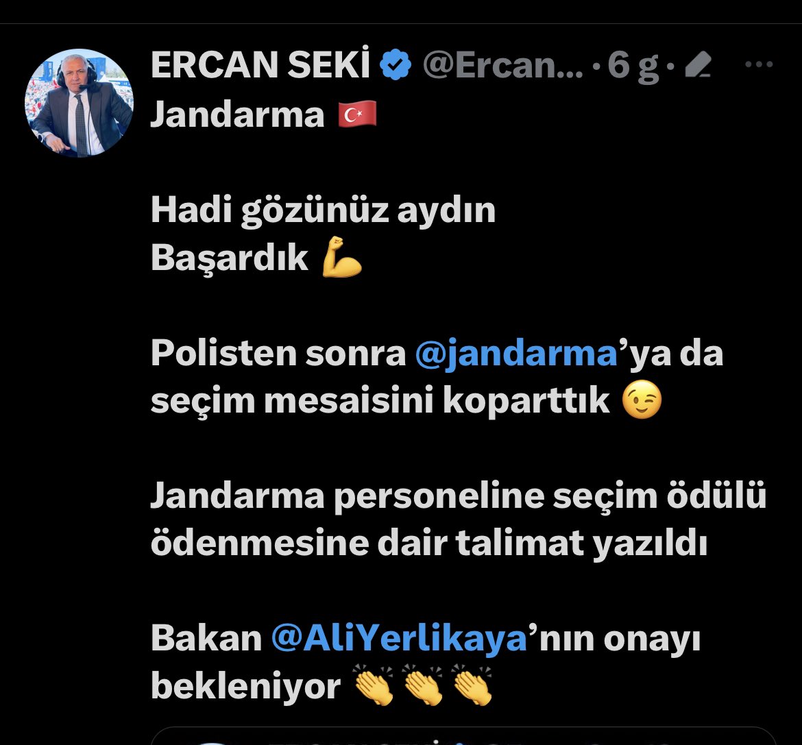 Beni tanımayan Jandarma kardeşlerim “Seçim parası galiba verilmeyecek” mesajları atıyor

1) Ercan Seki yazdıysa doğrudur

2) <a href="/jandarma/">T.C. Jandarma Gn. K</a> Teşkilatı
sivil bürokrasinin hızına ayak uyduramıyor

3) Polise ödendiyse size de ödenir. Kimse Jandarmaya üvey evlat muamelesi yapmaz, yapamaz❗️