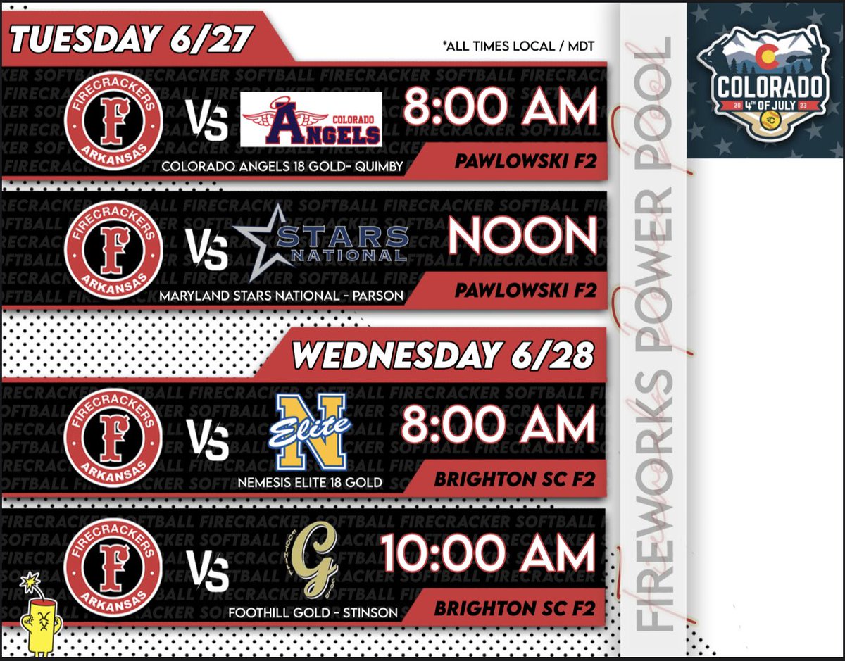 18 Fireworks Power Pool schedule - all games in Brighton, CO area - DM for cell # and updates