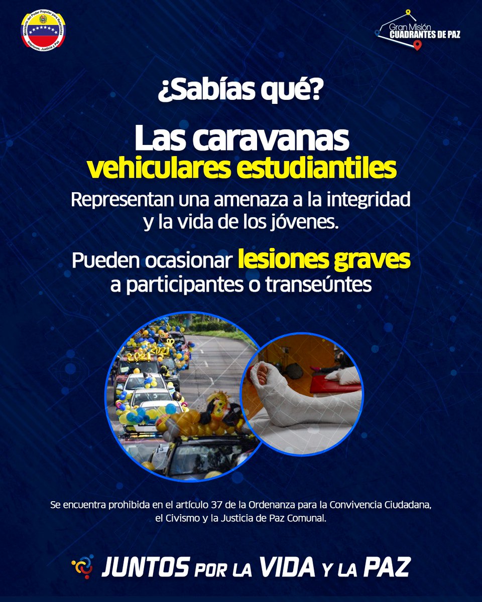 #25JUN || ¿Sabías qué? 🔎 Las caravanas vehiculares estudiantiles representan una amenaza a la integridad y la vida de los jóvenes.

Pueden ocasionar lesiones graves a participantes o transeúntes. 

¡Cumplir la ley es trabajo de todos, #JuntosPorLaVidaYLaPaz!

#VenezuelaConPutin