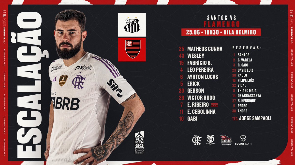 Flamengo's tweet photo. NOSSO TIME É A GENTE EM CAMPO! O Flamengo está escalado para enfrentar o Santos, pelo @brasileirão! 

#VamosFlamengo #SANxFLA https://t.co/rMPZb3aipE