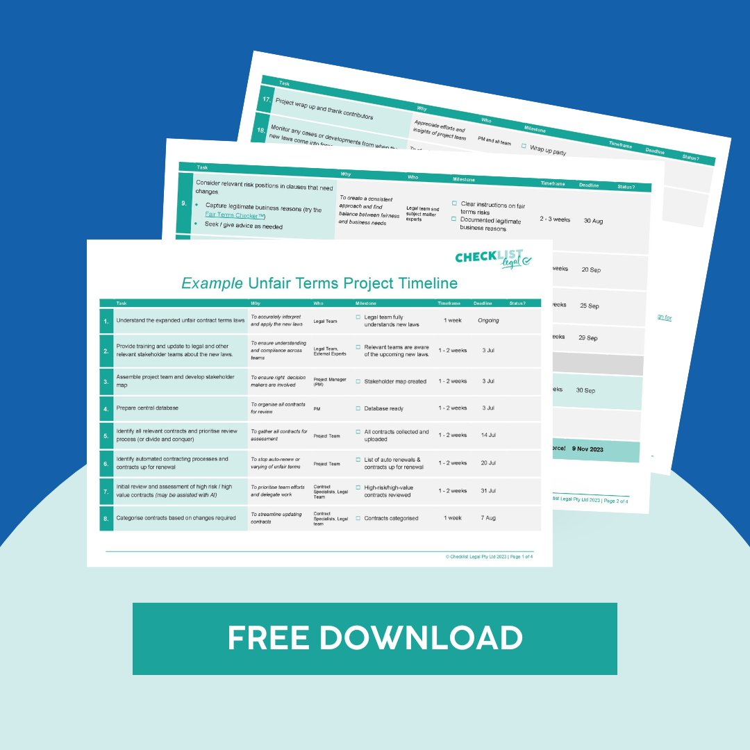 🚀 137 days and counting! Are you ready for the upcoming changes to Australia's expanded Unfair Contract Terms laws?

Not yet? Well here's a special treat for our inhouse legal friends!
Download your free Project Plan for Unfair Contract Terms here: buff.ly/3qXYuEO
