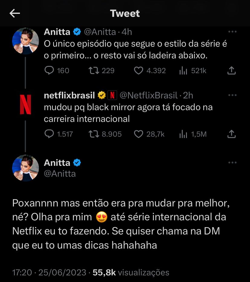 Anitta e Netflix 'batem-boca' no Twitter e internauta dispara: 'e