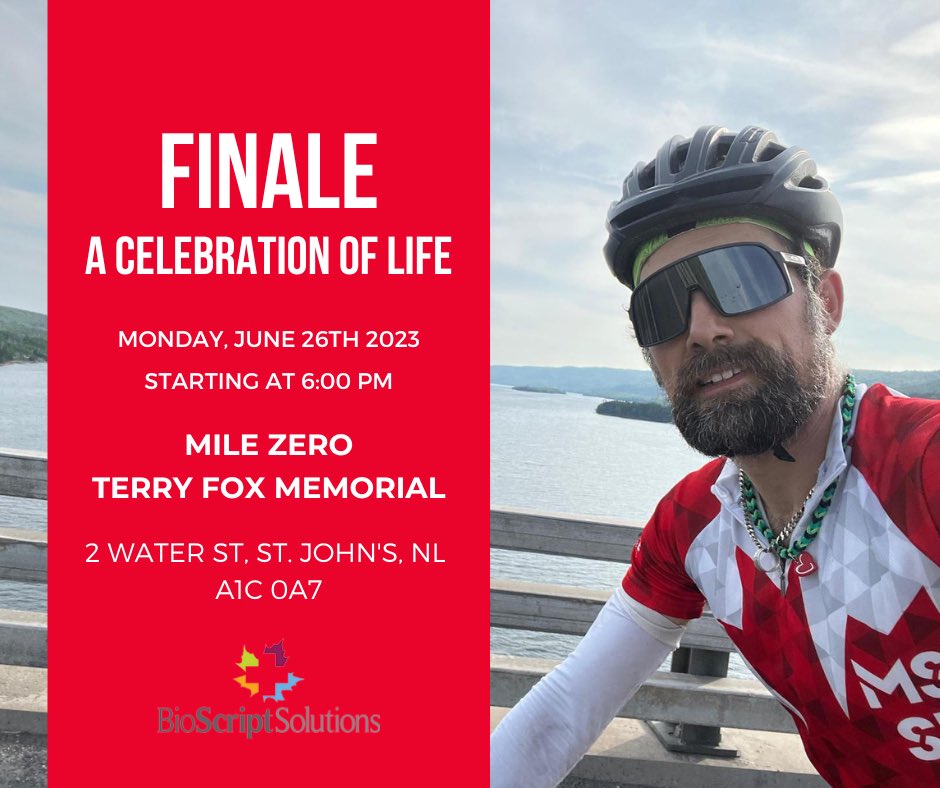 This is it! The last in-person celebration of #JourneyWithJonathan & the MS bike Across Canada crew. If you’re in St John’s NFLD, we hope you can join us!  #mswarrior #msstrong