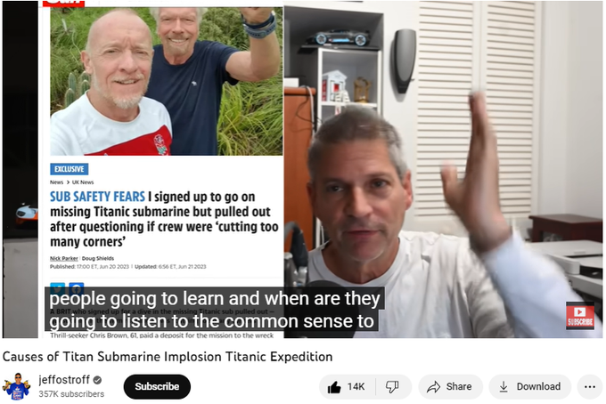 373,632 views  Premiered 14 hours ago
Jeff Ostroff walks you through the details, specs, and red flags of the Titan sub-disaster, offering a few possible root causes for the implosion and catastrophic loss that claimed 5 lives. The OceanGate Titan Submarine submersible vessel imploded on Sunday, June 18, 2023, at about 9:45 AM, and the debris was found 1600 feet from the bow of the Titanic shipwreck on the Atlantic Ocean Floor. This Titanic sub documentary will focus on a handful of theories for the cause of this Titan submarine implosion, piloted by OceanGate CEO Stockton Rush, among the 5 total victims.

View some of my other engineering disaster videos:
Davenport Building Collapse Cause [SOLVED] Pics Before/After:   

 • Davenport Buildin...  
Davenport Collapse Security Cam Analysis Pinpoints Origin:   

 • Davenport Collaps...  
Miami Condo Collapse: How A Pool Deck Brings Down Buildings:   

 • Miami Condo Colla...  
Here's The Cause Of Miami Condo Collapse Champlain Condo Towers