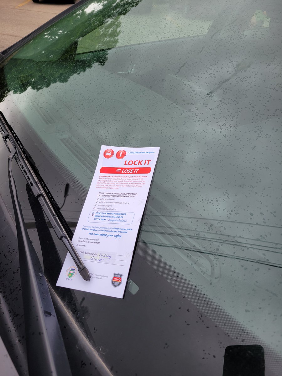 #BrantOPP joined the Paris Community Safety Group in @BrantCommunity on Saturday morning for Lock it or Lose It in downtown Paris. All vehicles were found to be locked, but a few had valuables in plain view. An information card was left as a reminder. #safercommunities ^mm